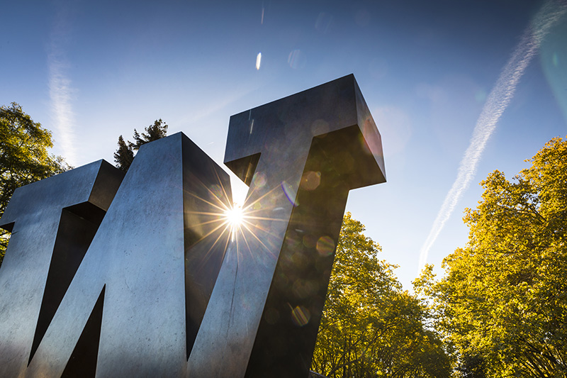 The steel "W" sculpture on the main UW campus, captured on a sunny fall day. 
