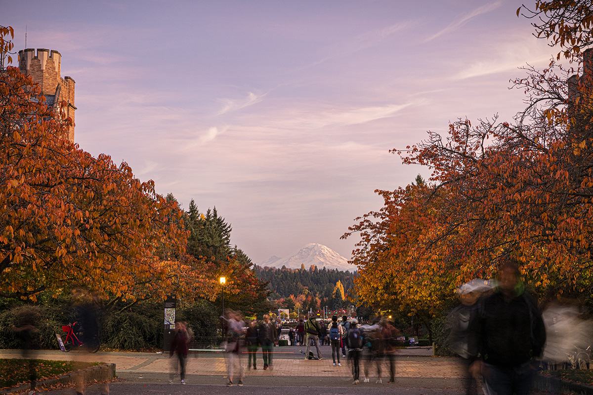 Autumn color on UW campus, with Mount Rainer in the background